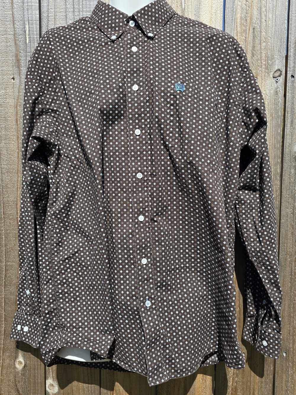 CINCH Men's Brown Blue White Print Long Sleeve Button-Down Western Shirt Sz L